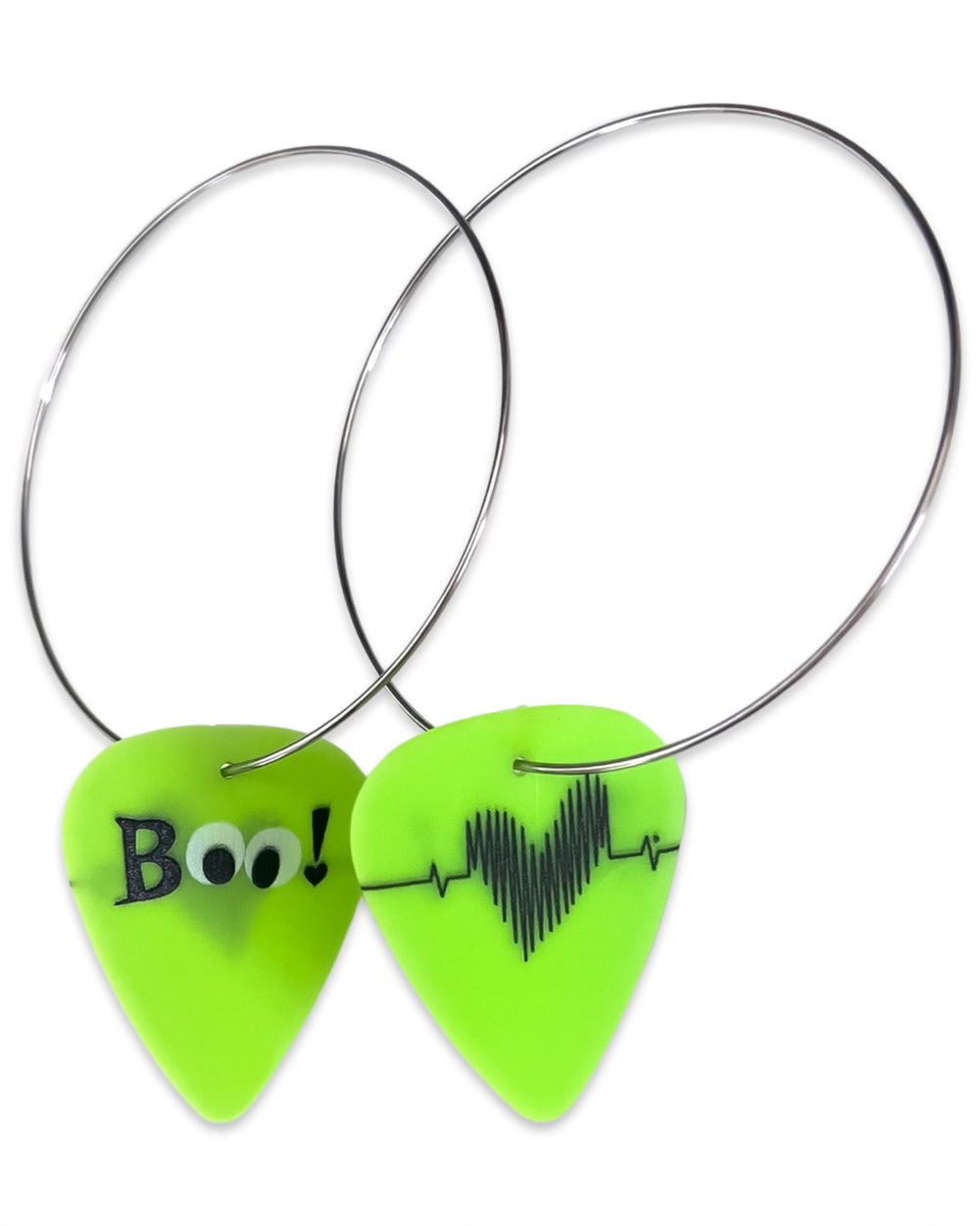 WS BOO! Neon Green Reversible Single Guitar Pick Earrings