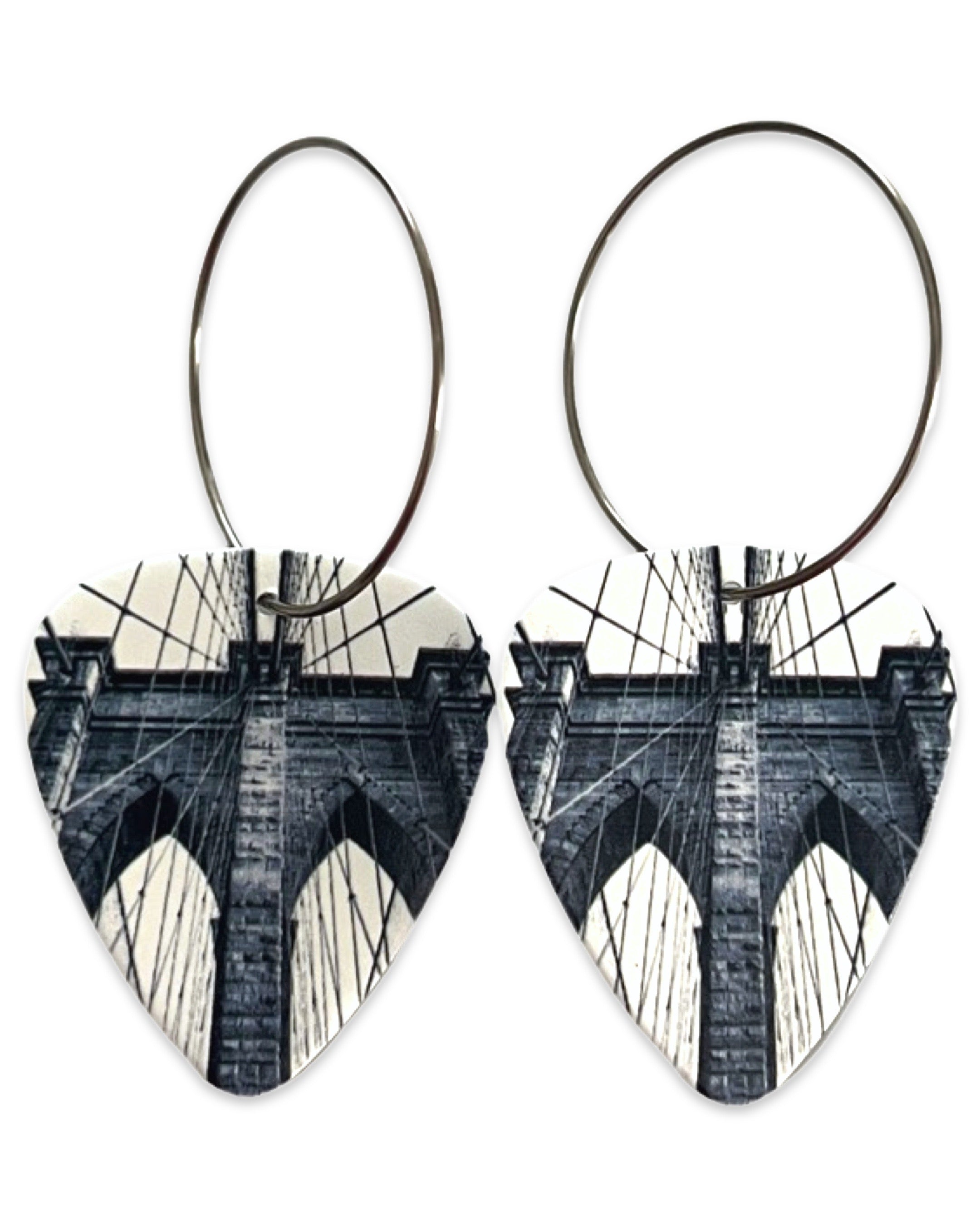 New York NY Brooklyn Bridge Reversible Single Guitar Pick Earrings