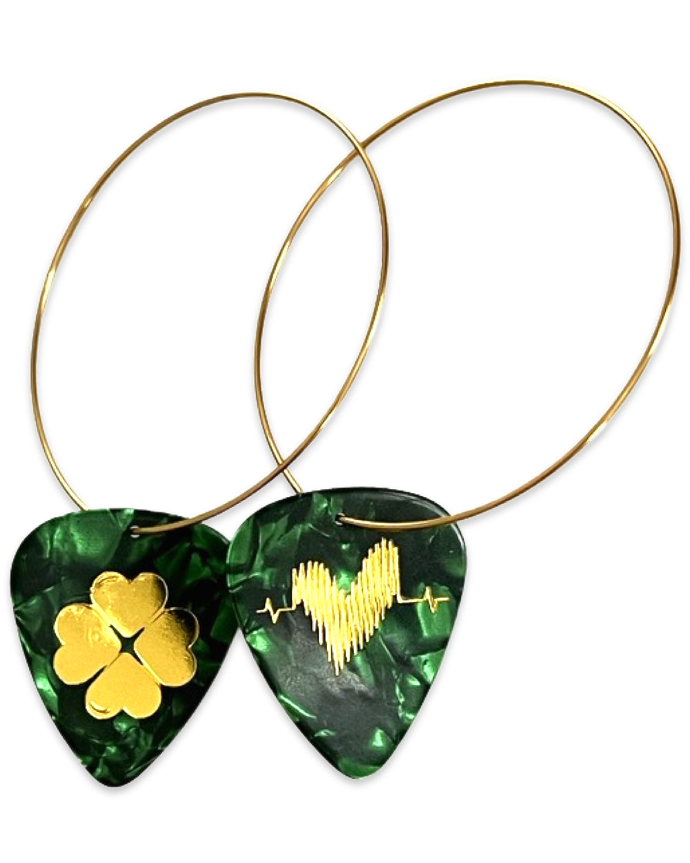 WS Clover "Shamrock" Green Pearl Gold Reversible Single Guitar Pick Earrings