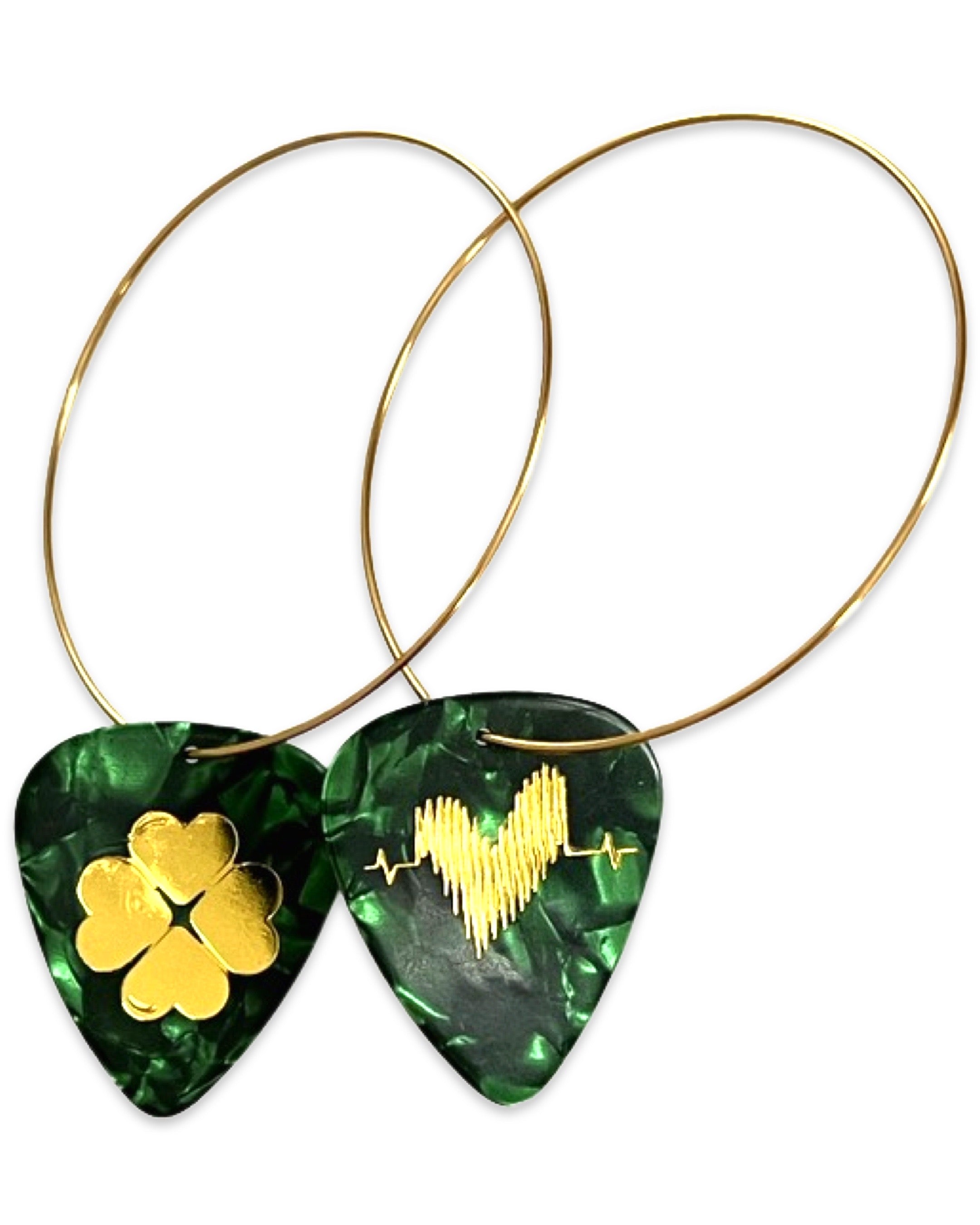 Clover "Shamrock" Green Pearl Gold Single Guitar Pick Earrings