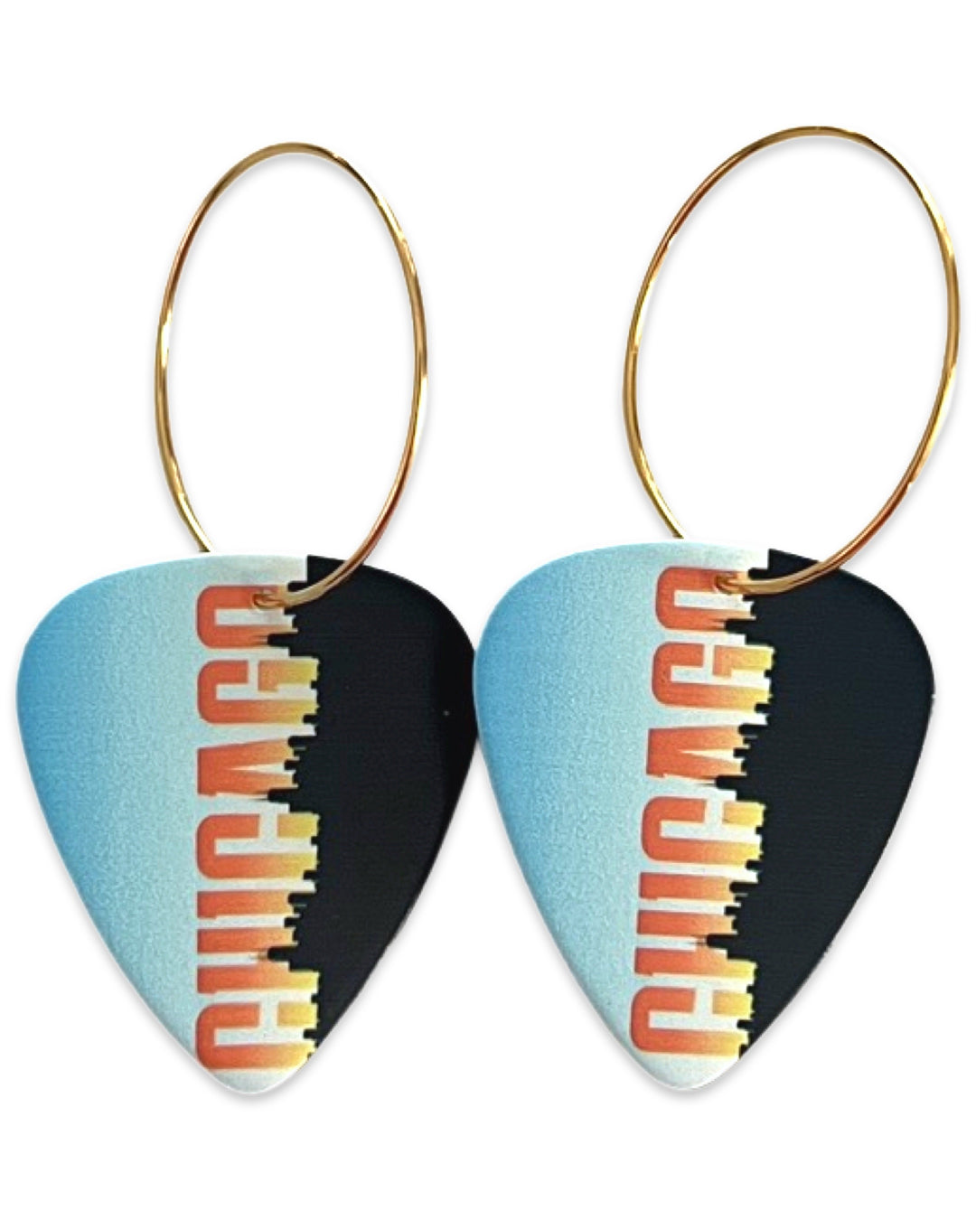 Chicago Orange Blue Skyline Reversible Single Guitar Pick Earrings