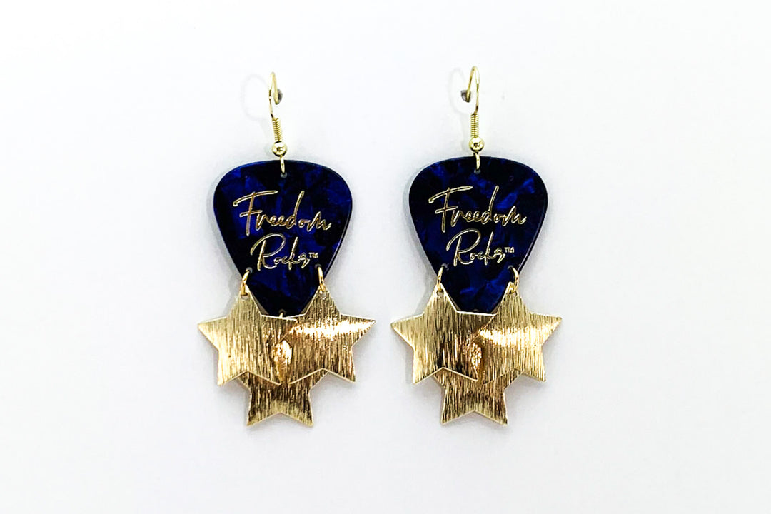 Freedom Rocks Blue Gold Star Guitar Pick Earrings