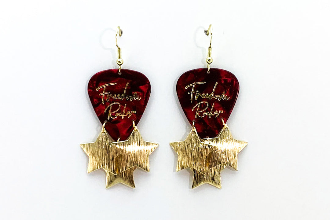 Freedom Rocks Red Gold Star Guitar Pick Earrings