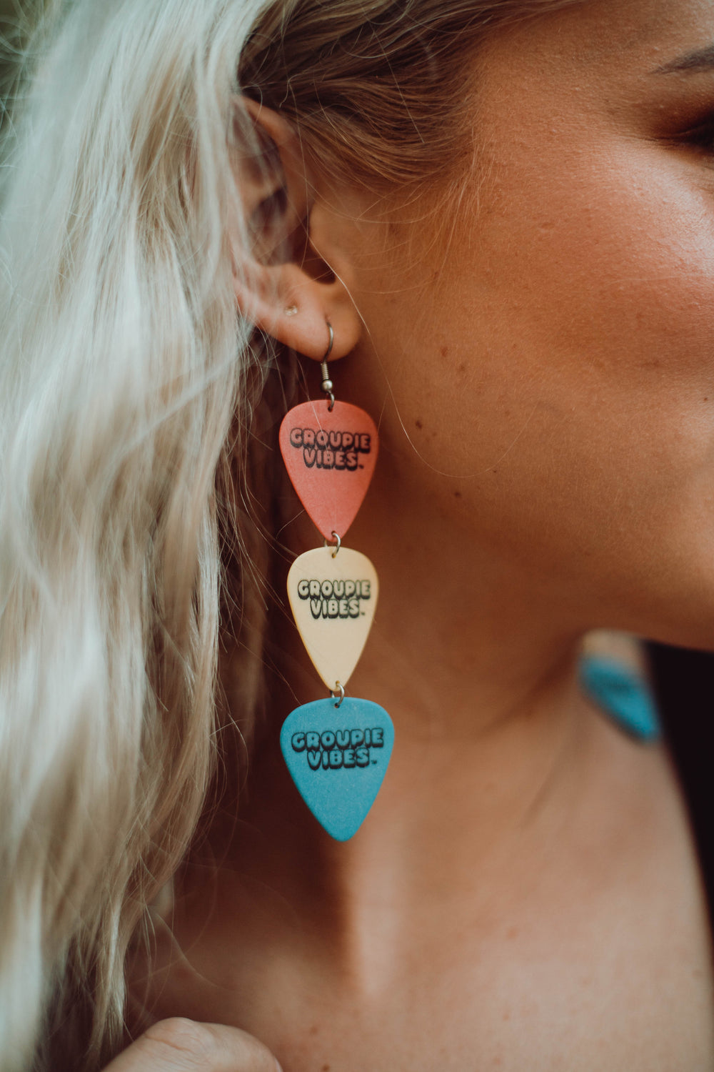 Groupie Vibes Red Yellow Blue Triple Guitar Pick Earrings