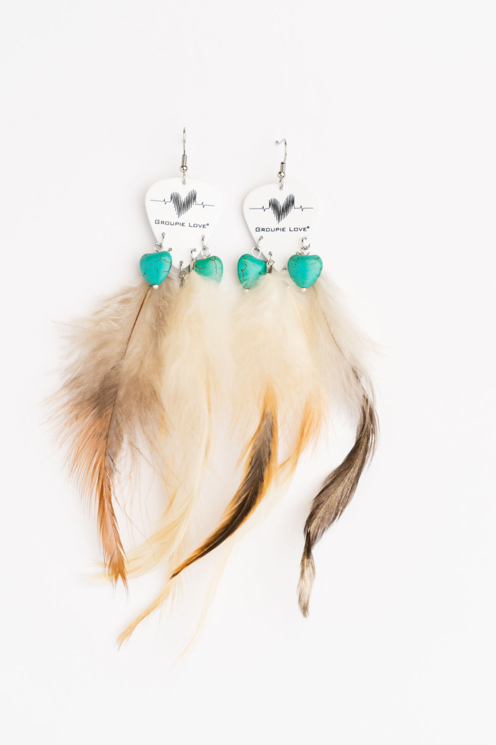 Groupie Love Classic Turquoise Hearts Feather Guitar Pick Earrings
