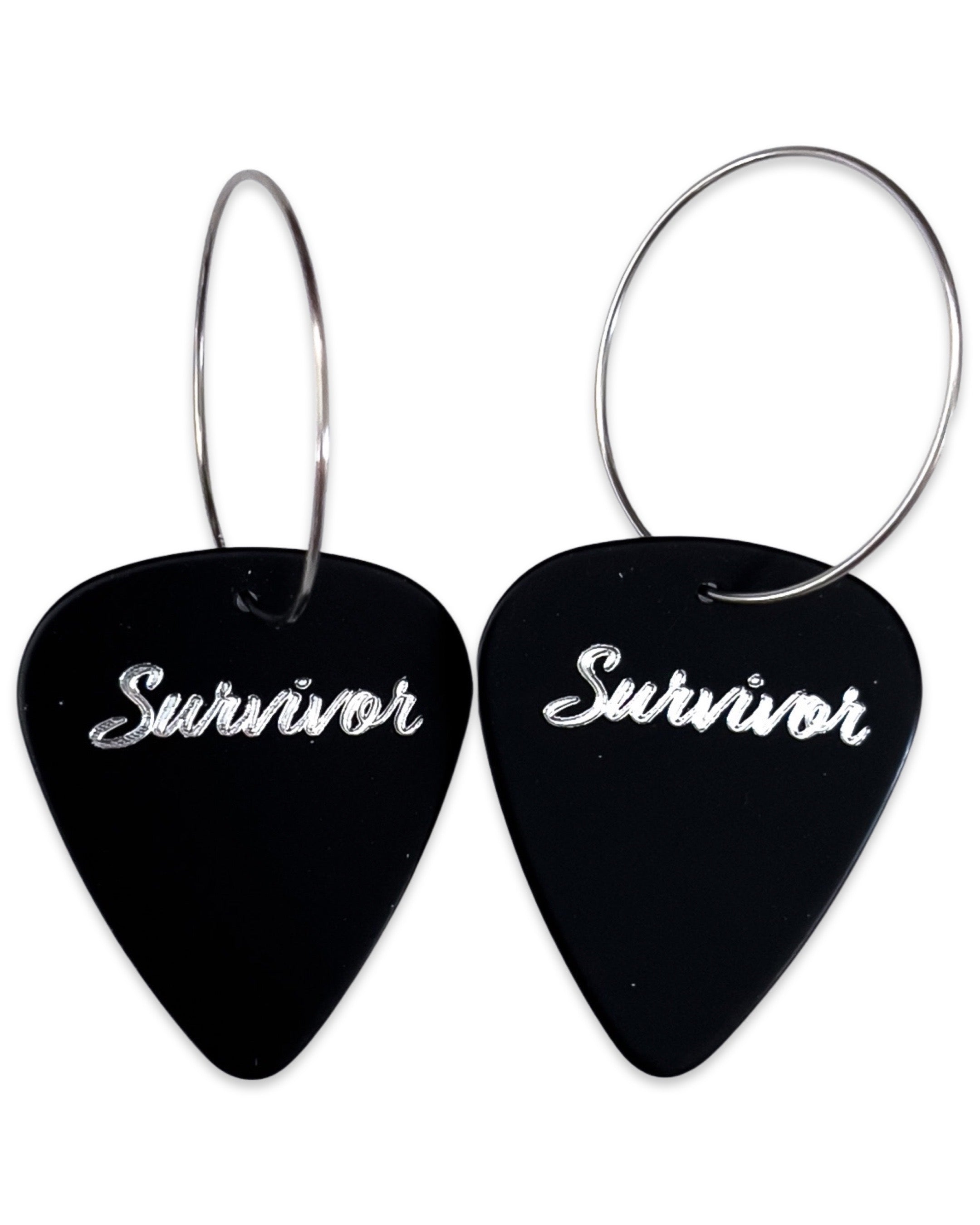 Survivor Reversible Black Silver Single Guitar Pick Earrings