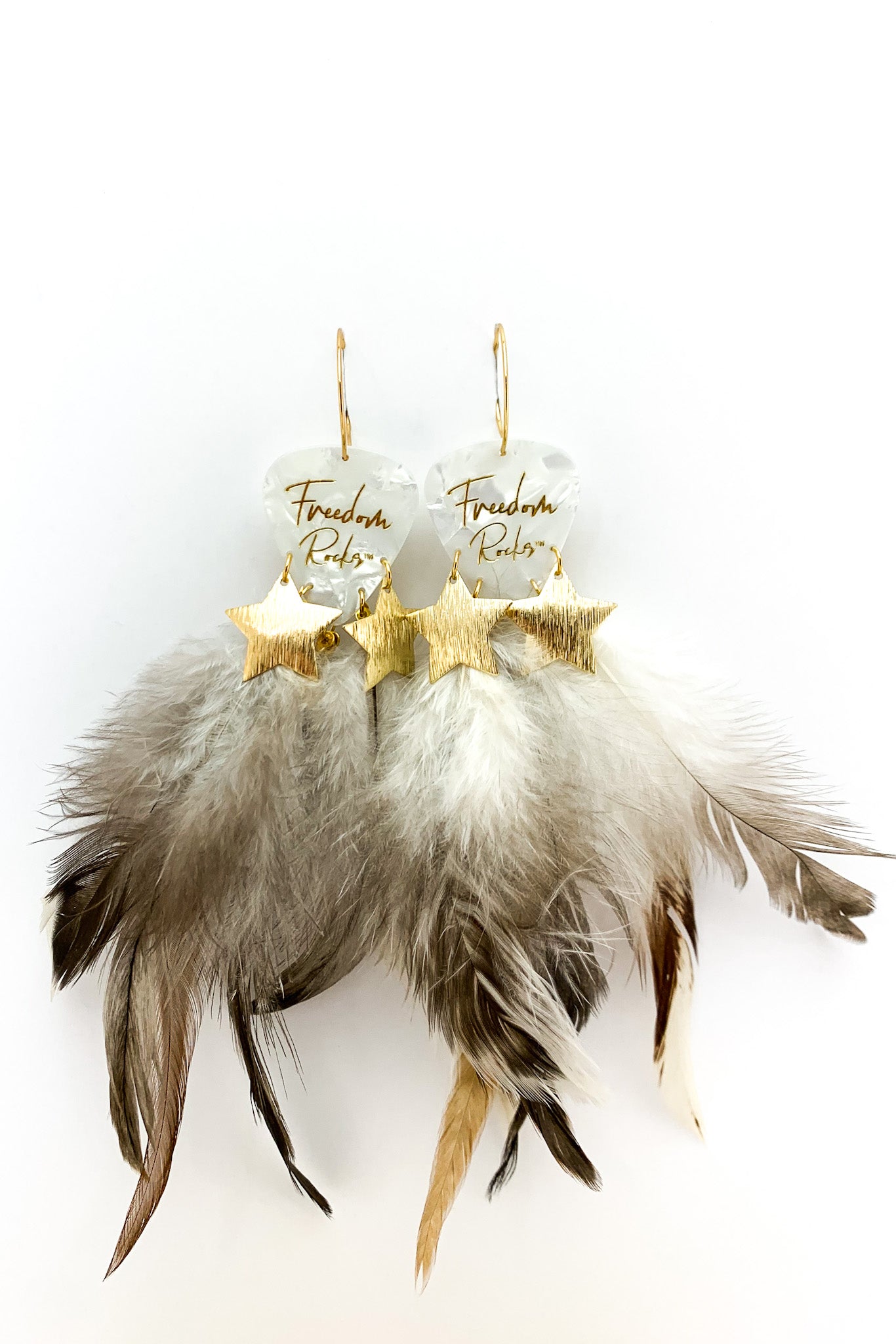 Freedom Rocks White Pearl Gold Star Feather Guitar Pick Earrings