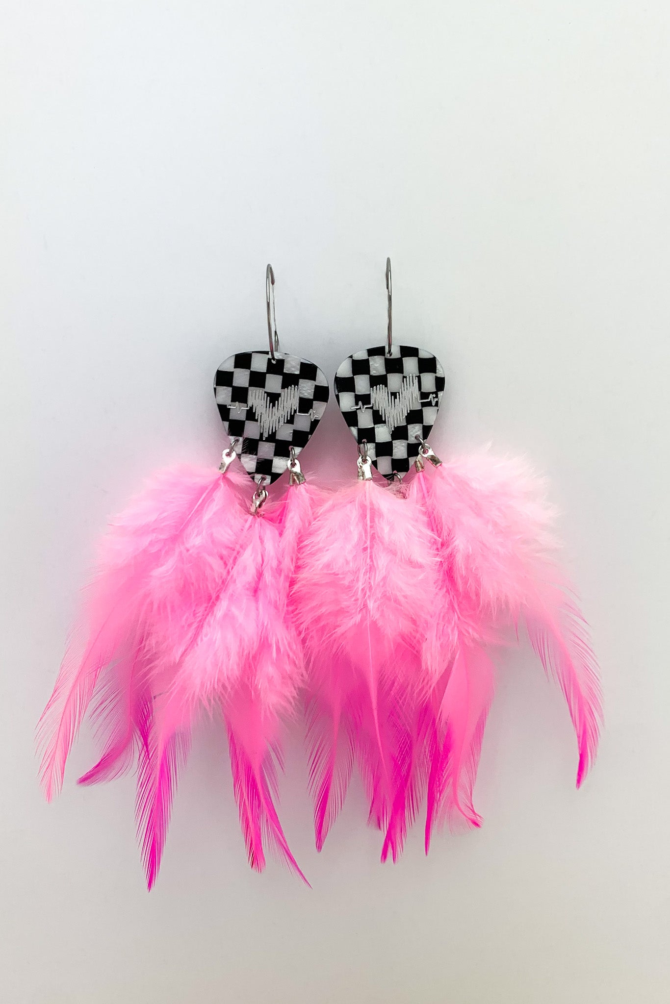 Groupie Love Checkerboard Silver Pink Feather Guitar Pick Earrings