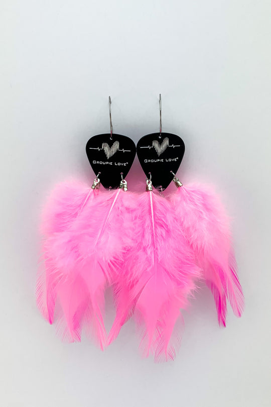 Groupie Love Black Silver Pink Feather Guitar Pick Earrings