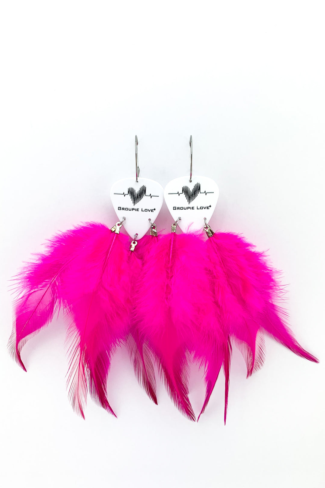 Groupie Love Classic Hot Pink Feather Guitar Pick Earrings