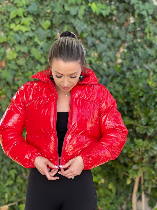 Groupie Love Women's Red Crop Puffer Jacket