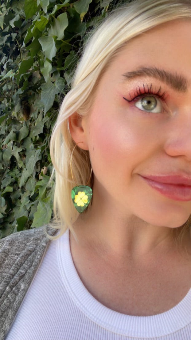 Clover "Shamrock" Green Pearl Gold Single Guitar Pick Earrings