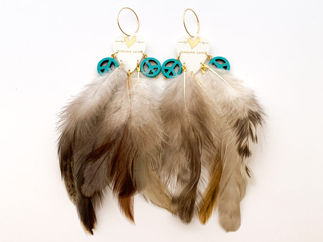 Groupie Love White Gold Turquoise Peace Feather Guitar Pick Earrings