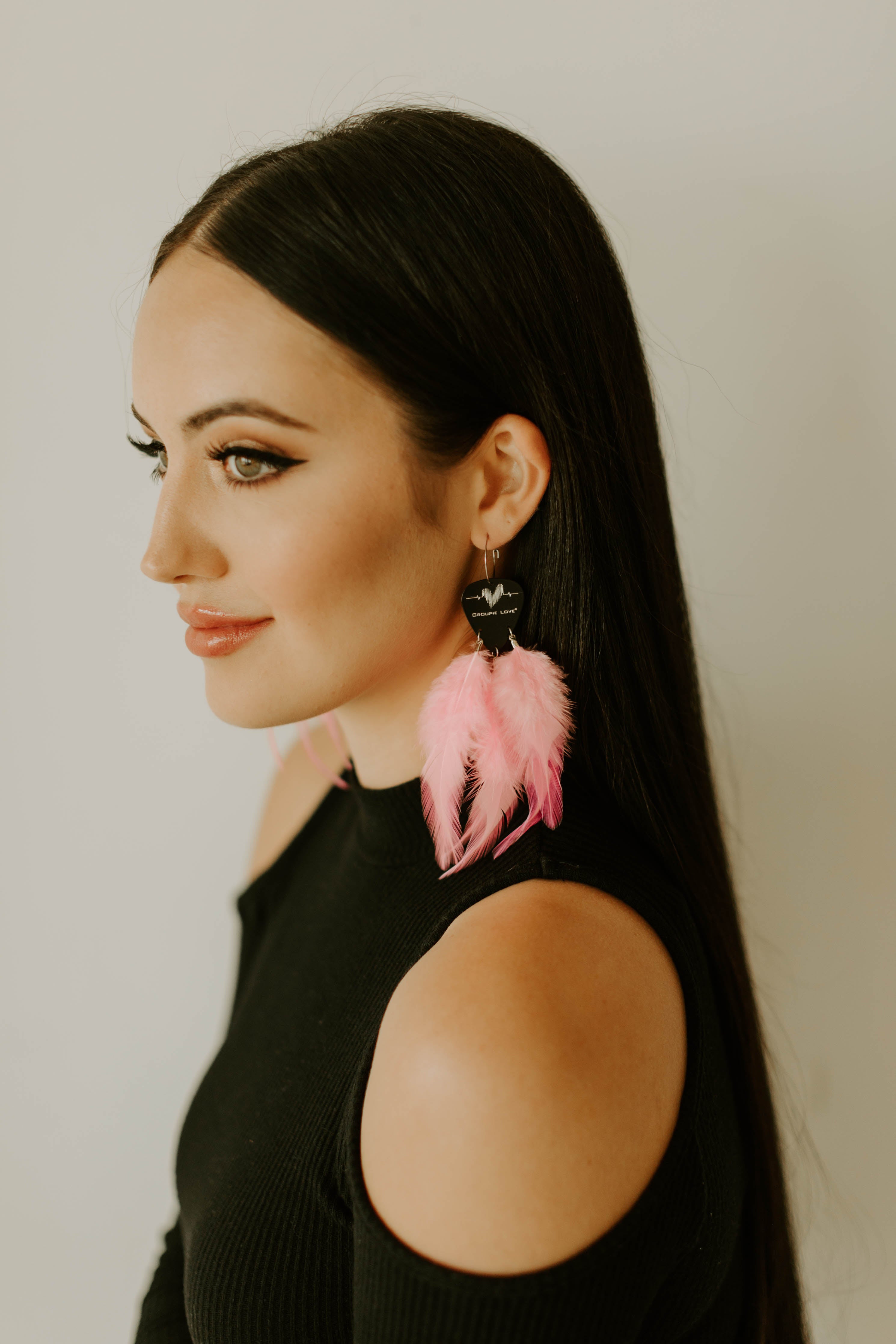 Groupie Love Black Silver Pink Feather Guitar Pick Earrings