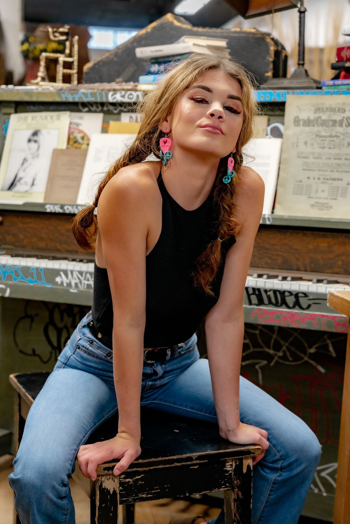 Groupie Love Pink Turquoise Peace Guitar Pick Earrings