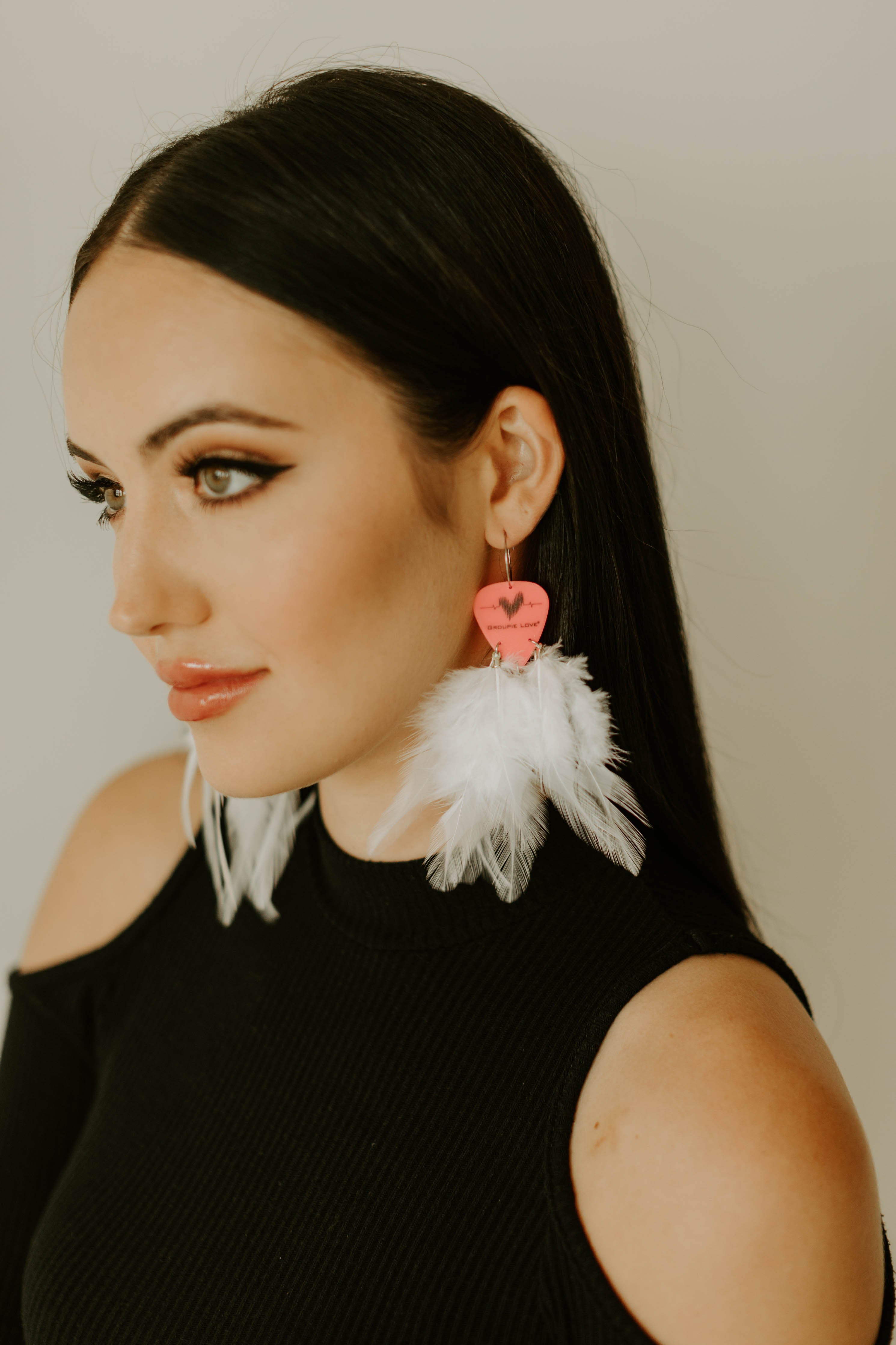 Groupie Love Pink White Feather Guitar Pick Earrings