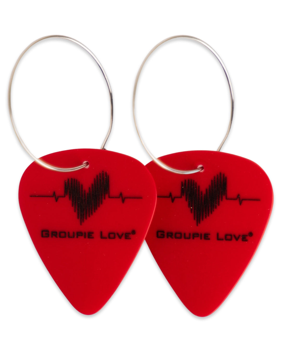 Womens, Classic, Single, Red, Guitar Pick Earrings on 25 mm Stainless Steel hoops.