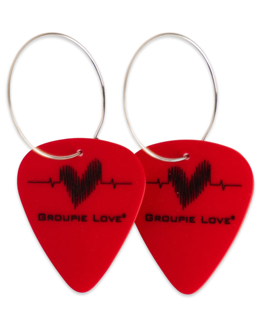 Womens, Classic, Single, Red, Guitar Pick Earrings on 25 mm Stainless Steel hoops.