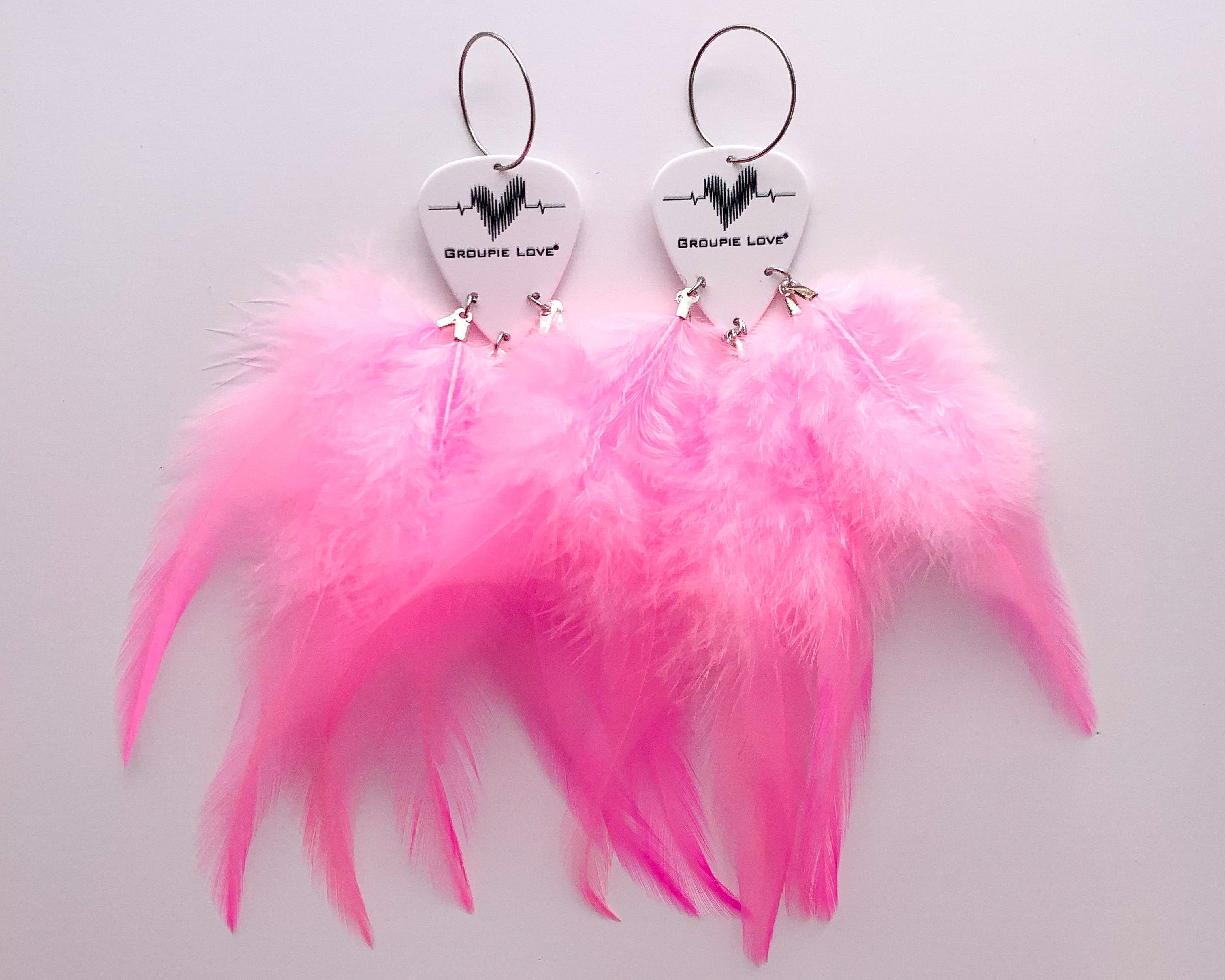 Groupie Love Classic Pink Feather Guitar Pick Earrings