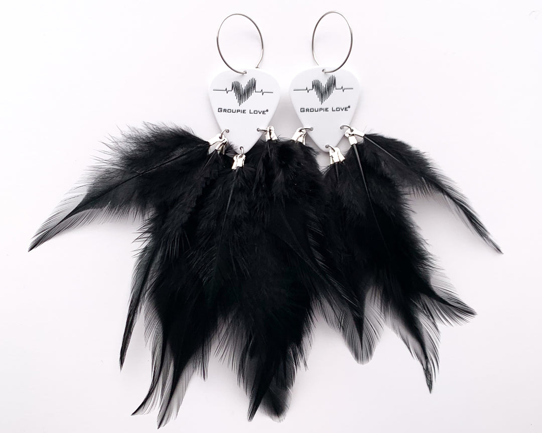 Groupie Love Classic Black Feather Guitar Pick Earrings