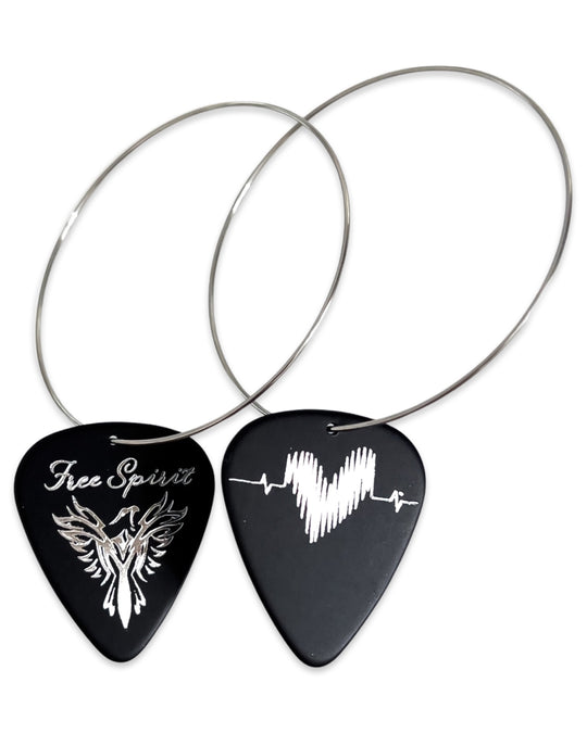 Free Spirit Black Silver Single Guitar Pick Earrings
