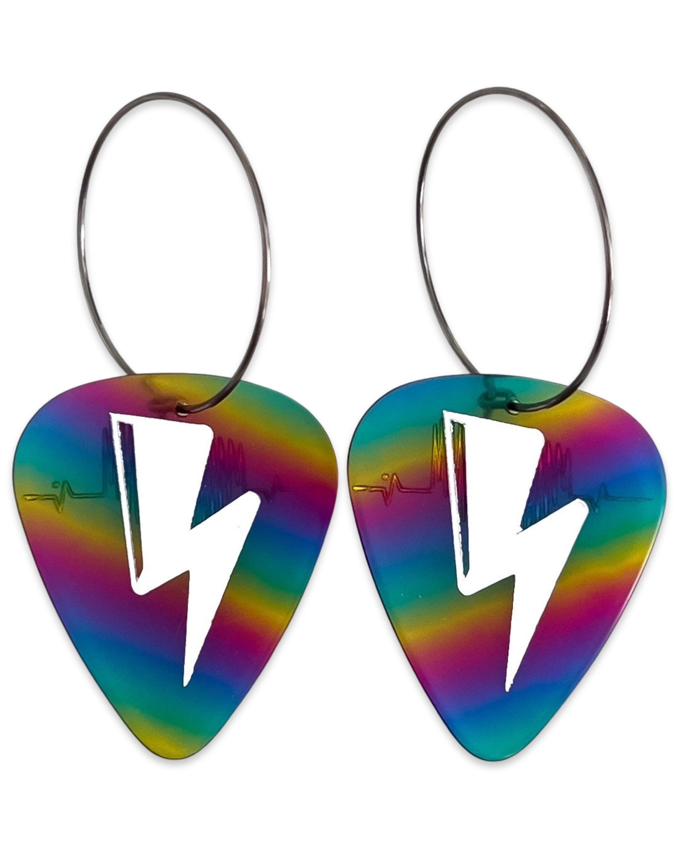 Electric Love Rainbow Silver Single Guitar Pick Earrings