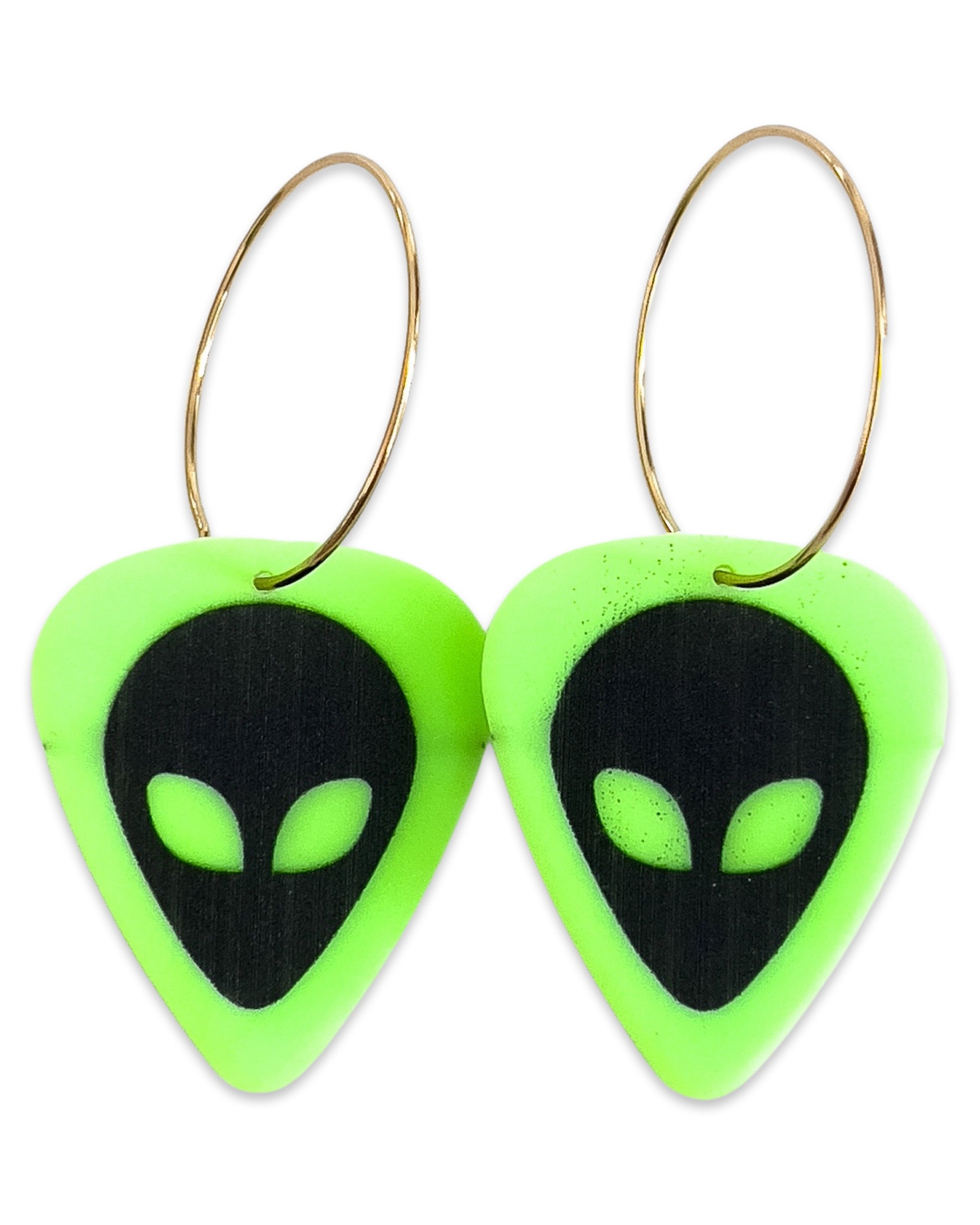 Groupie Love Alien Neon Green Single Guitar Pick Earrings