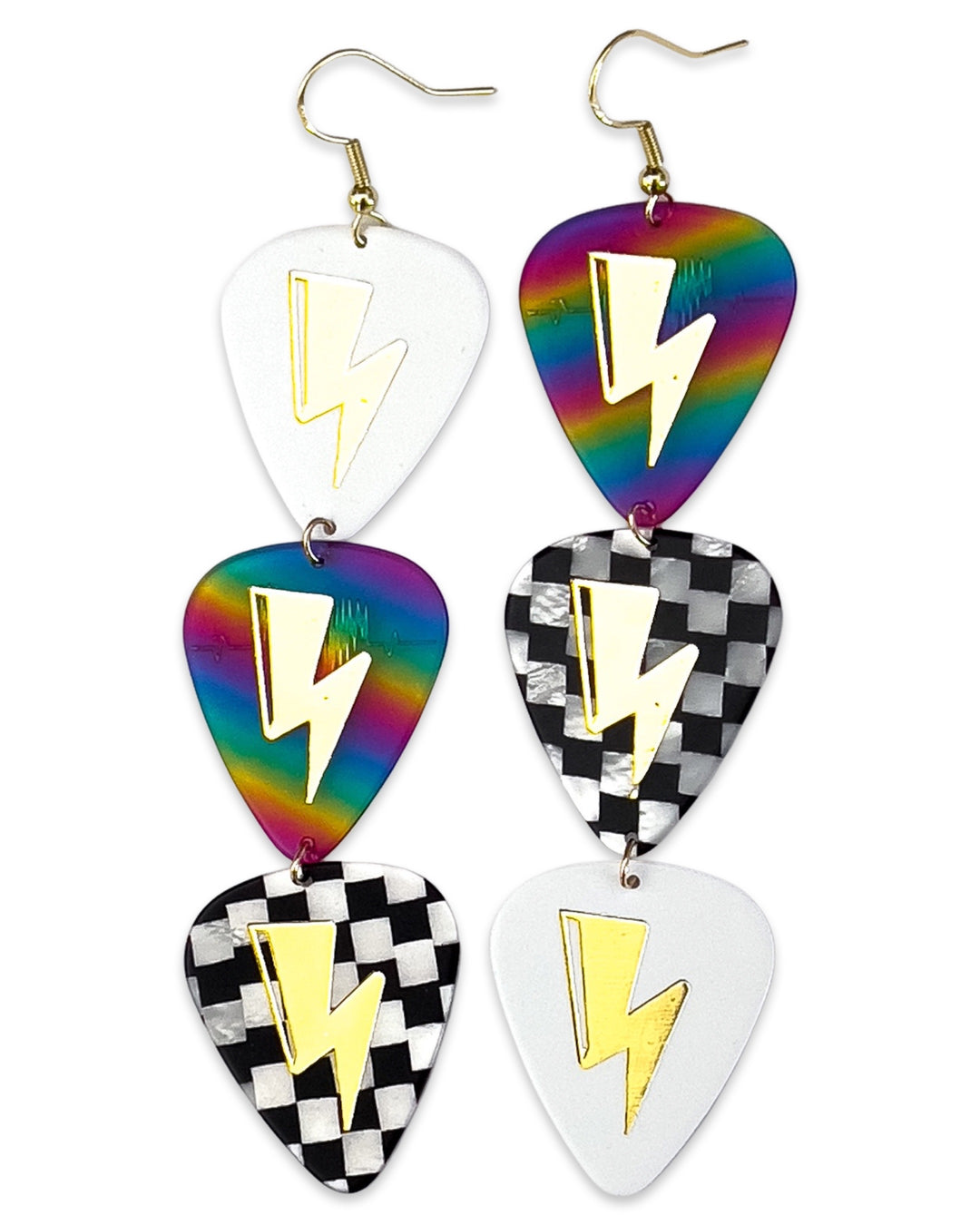 Electric Love Rainbow Checkerboard Gold Triple Guitar Pick Earrings