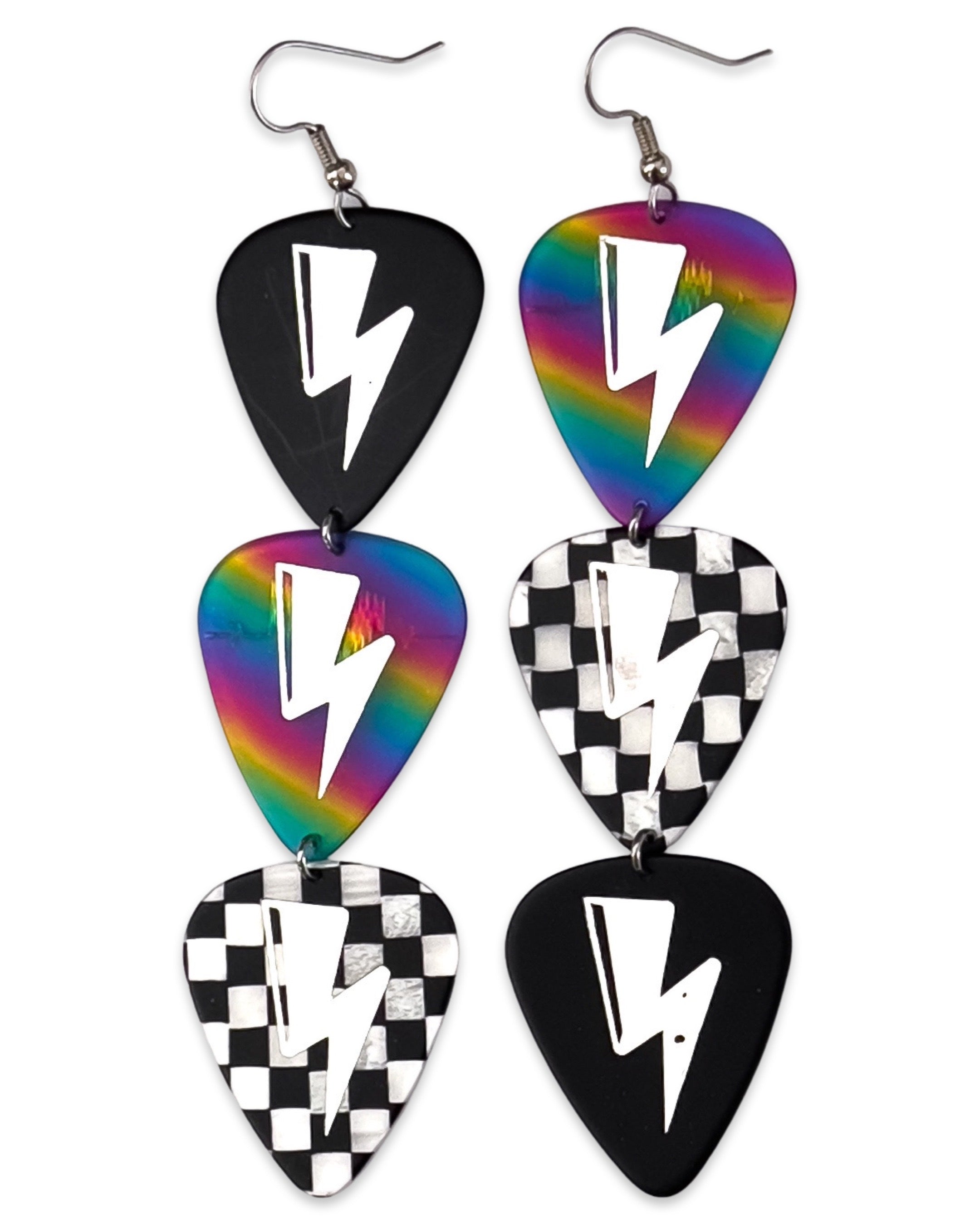 Electric Love Rainbow Checkerboard Silver Triple Guitar Pick Earrings