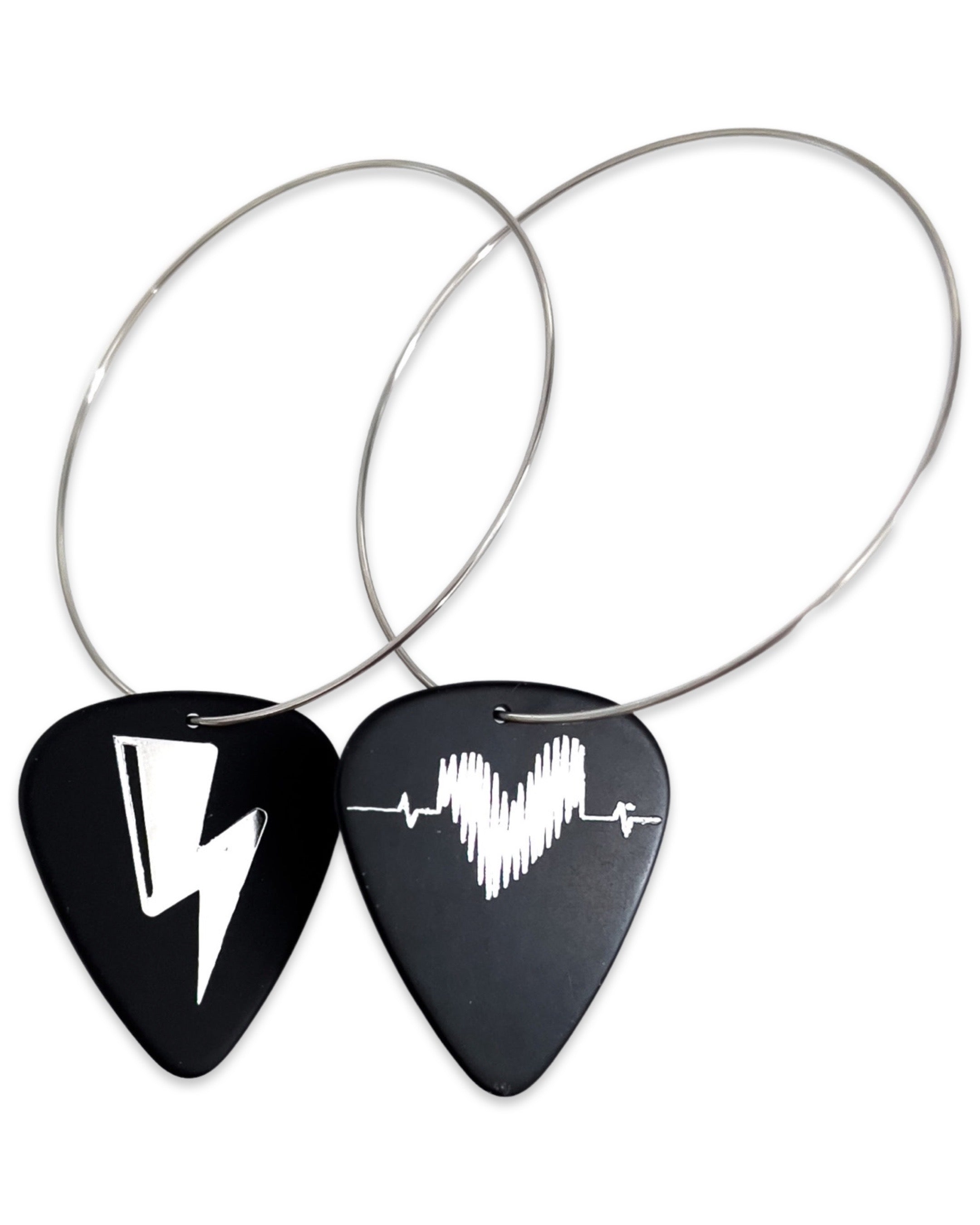 Electric Love Black Silver Single Guitar Pick Earrings