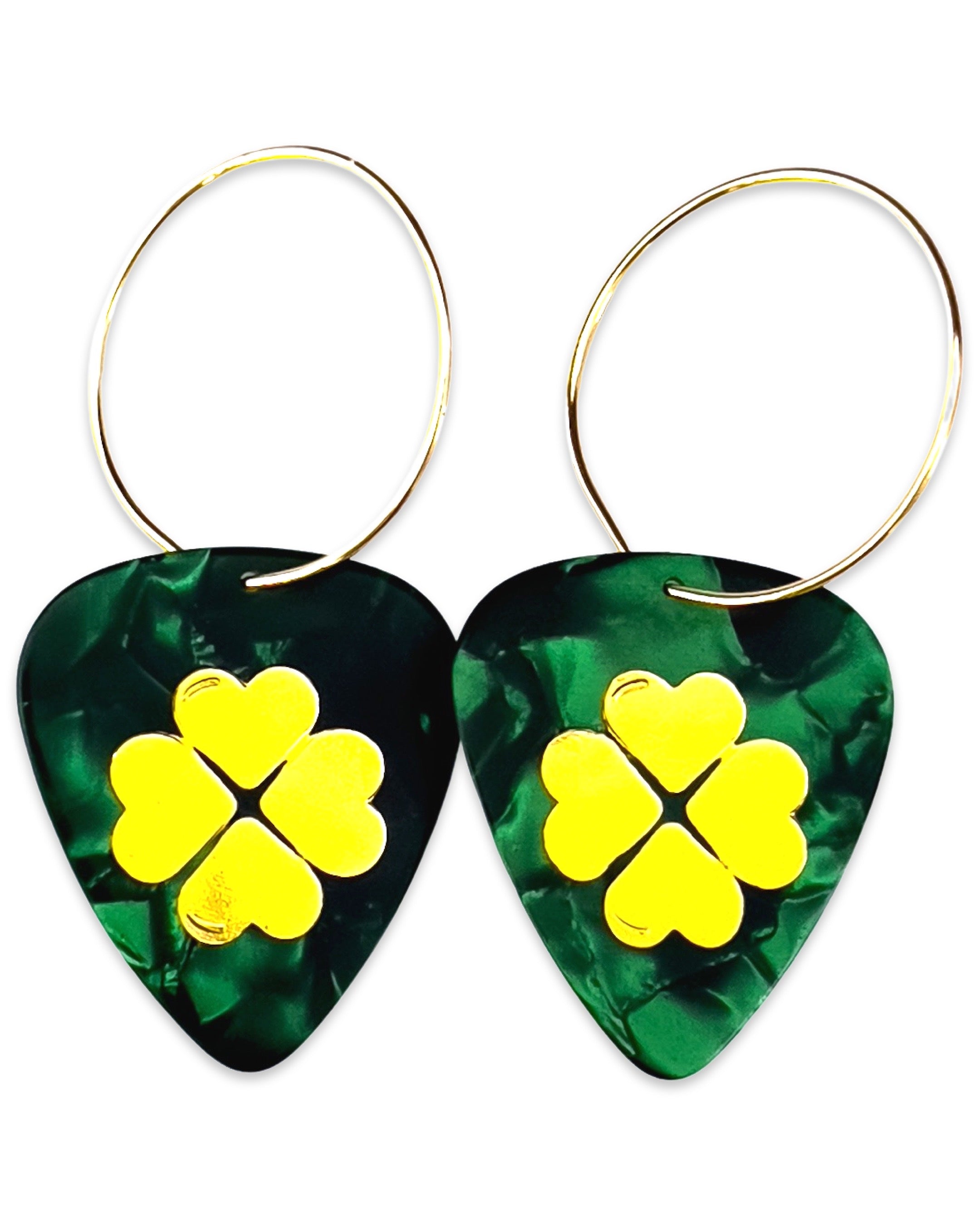 Clover "Shamrock" Green Pearl Gold Single Guitar Pick Earrings